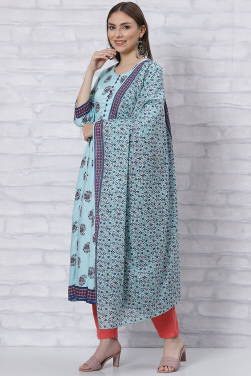 Sky Blue Kalidar Printed Suit Set image number 3